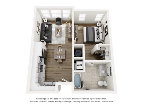 A 3D floor plan of a small apartment with a kitchen, living room, and bathroom.